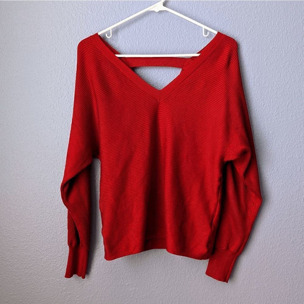 Women's Pink Rose Sweater Red V-Neck Slouchy Knit Pullover Open Back Small EUC